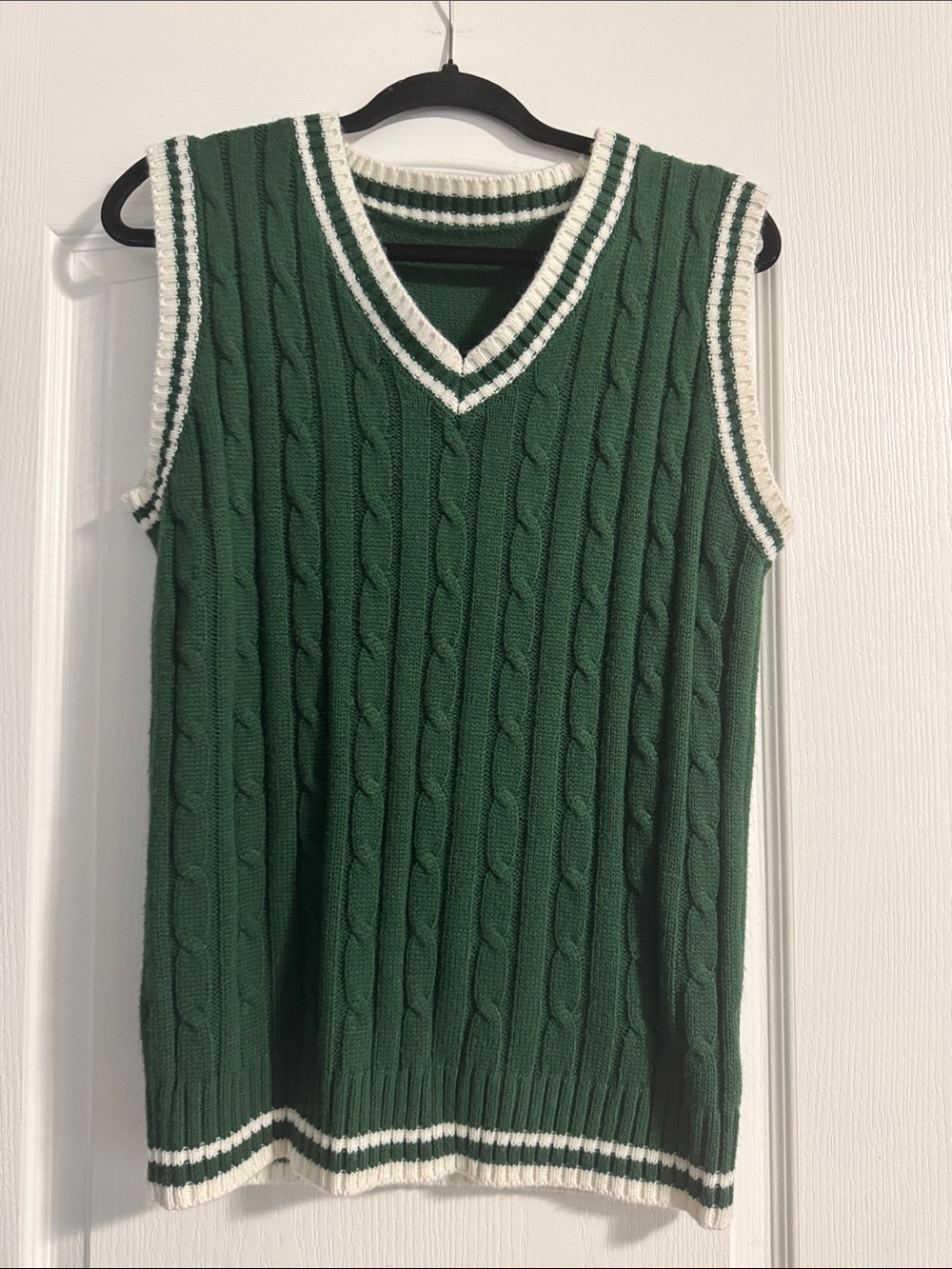 Men’s Green Cable Knit V-Neck Sweater Vest with White Trim